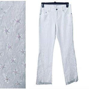 Y2K Womens Fairycore Jeans Size 8 Beaded Lace Hem Wide Leg 70s Flare Pin…